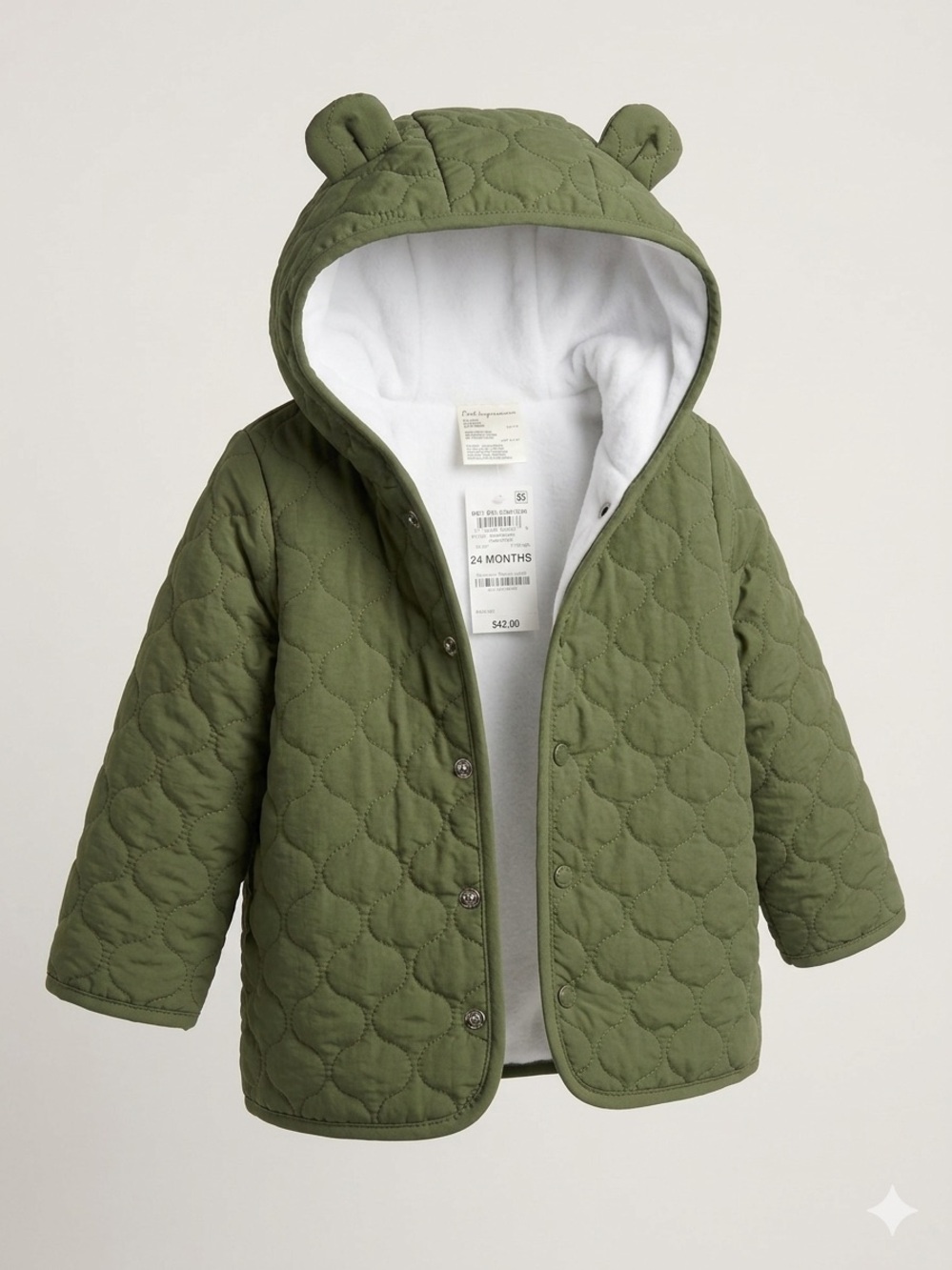 First Impressions Olive Green Quilted Hooded Jacket with Bear Ears